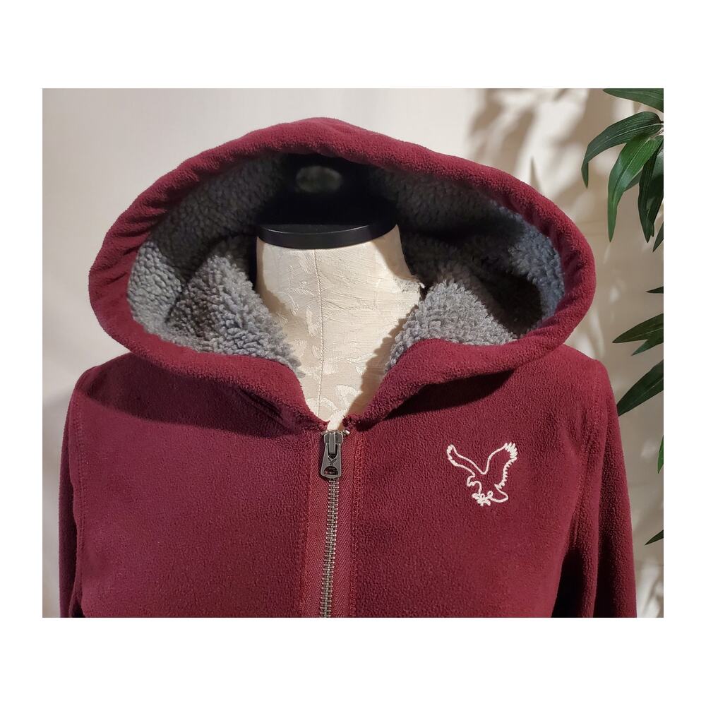 Vtg Y2K American Eagle Zip Fleece Hoodie Size M Maroon Red Preppy Cozy Pockets - Picture 6 of 12